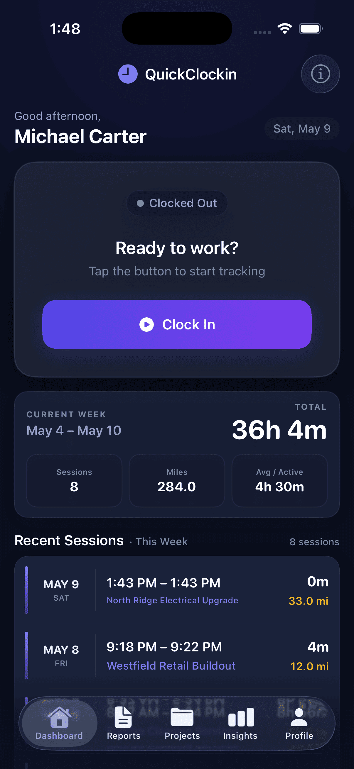 QuickClockin iOS app — dashboard screen
